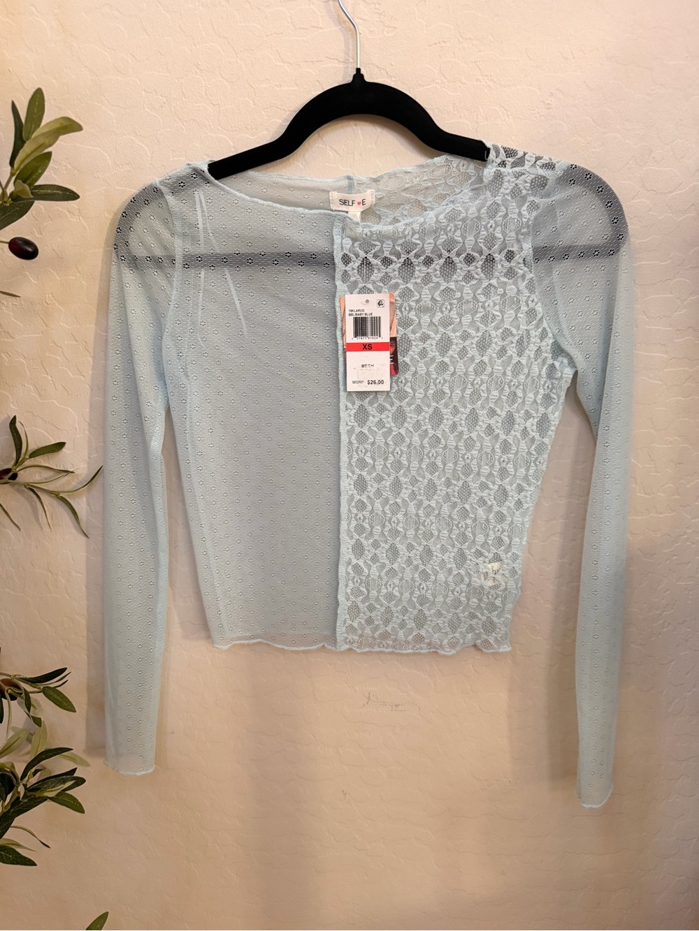 Self-Expression Light Blue Lace Panel Long-Sleeve Top